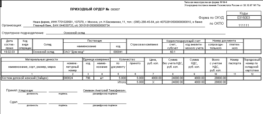 Приходный ордер ф 0504207 образец заполнения